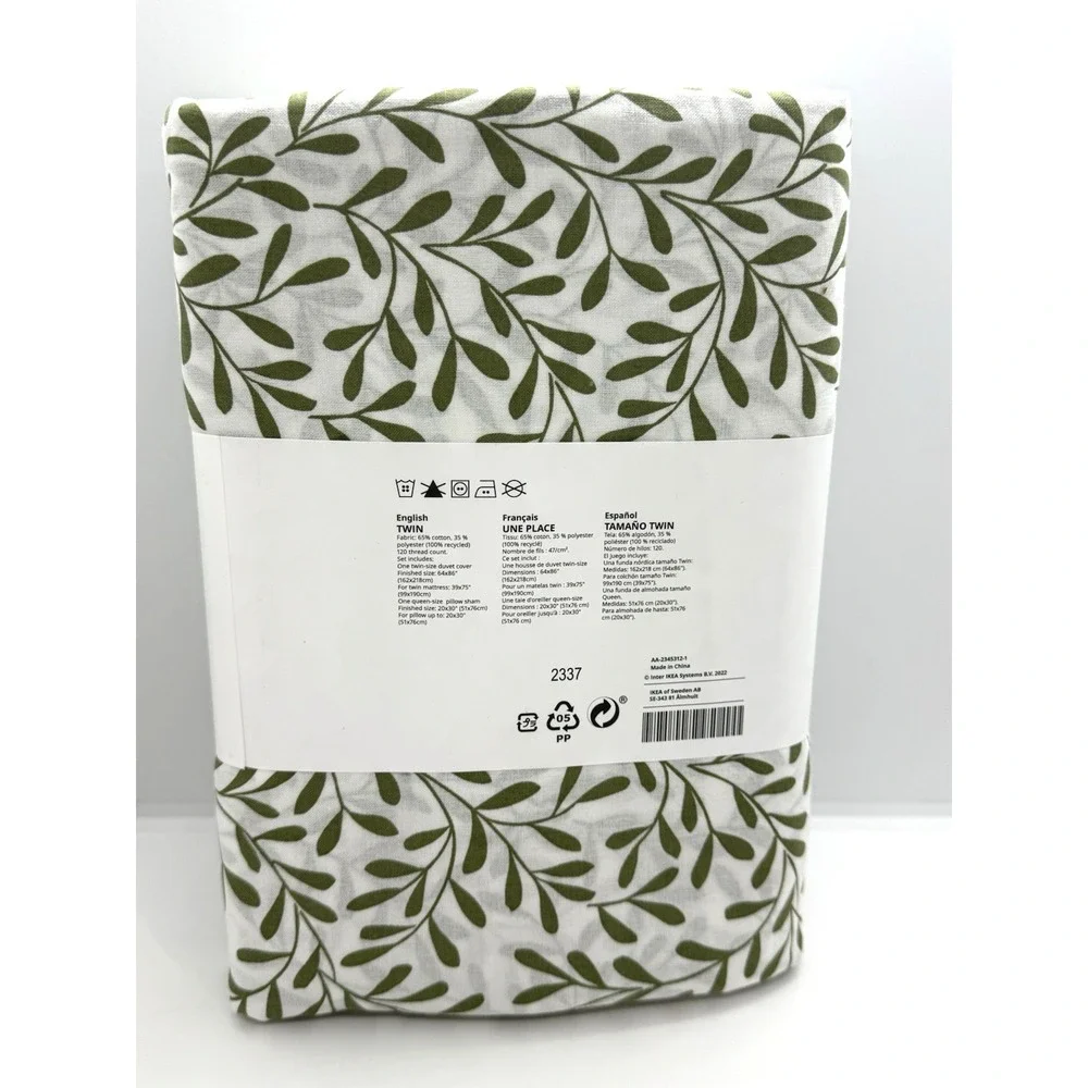 Ikea SORGMANTEL Twin Duvet cover and pillowcase white/green leaf NEW